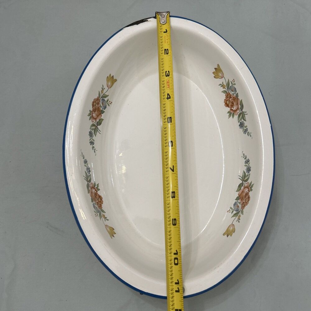 Vtg Enamelware Floral Print Rose Cinsa Brand Saltillo Mexico Oval Blue Trim - Picture 2 of 14